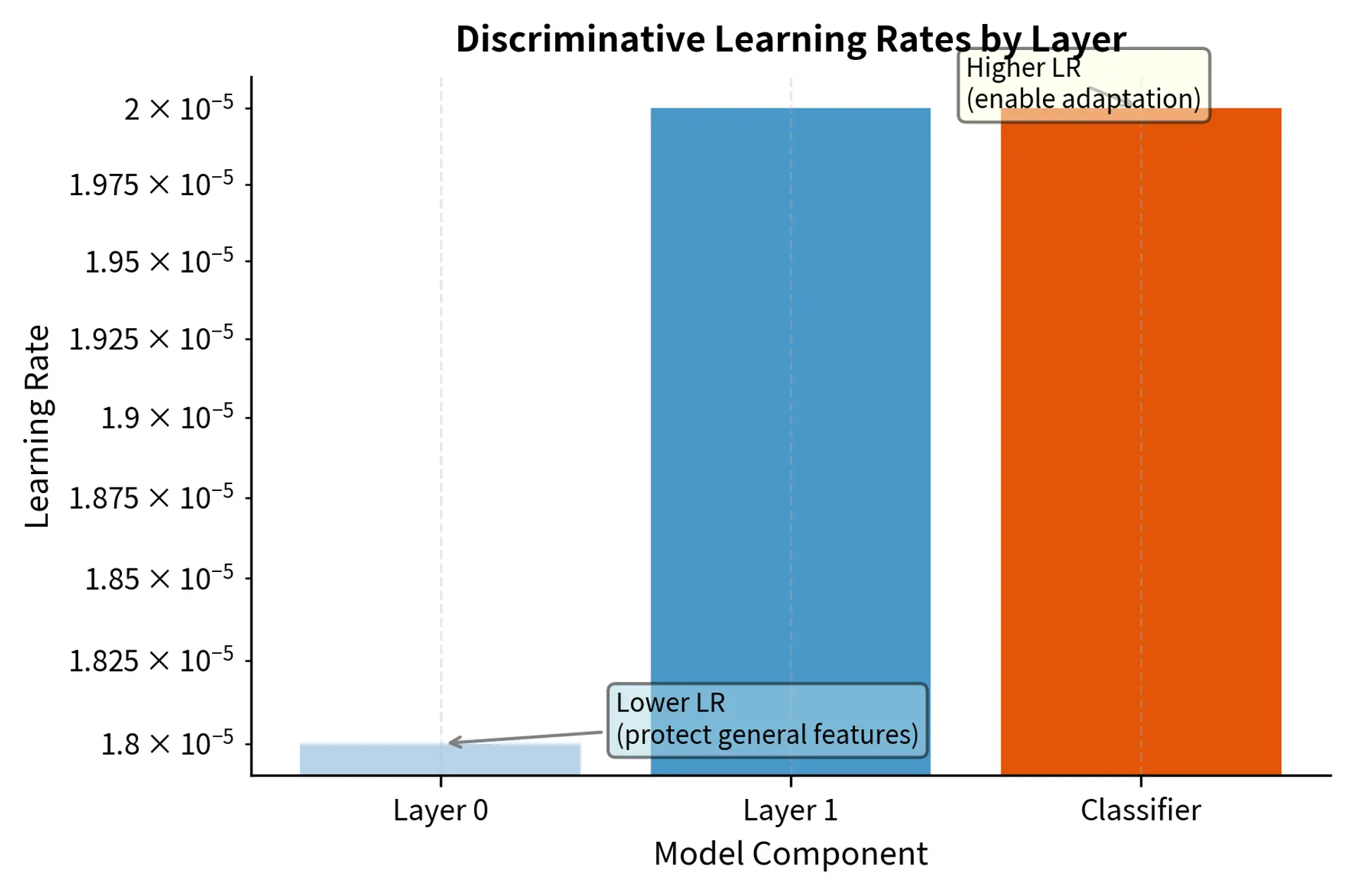 Bar chart showing increasing learning rates from early to late layers in a transformer model.