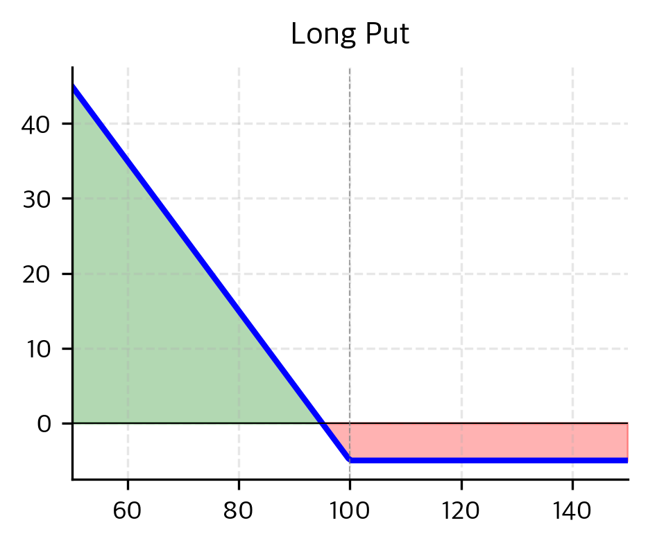 Profit and loss profile of a long put option across a range of stock prices. The position gains value as the stock price falls below the strike, while risk is strictly limited to the initial premium paid if the stock price rises.