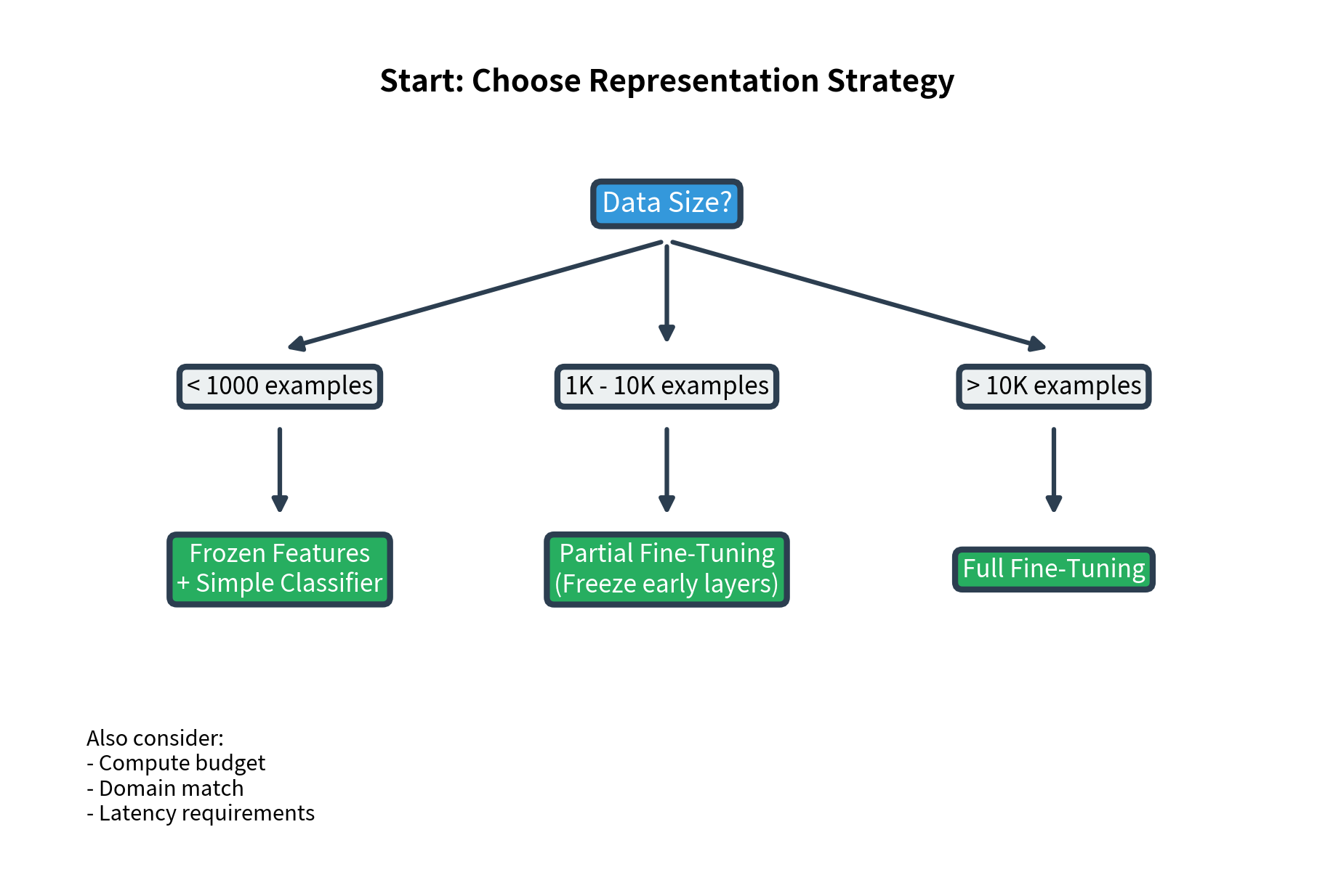 Flowchart showing decision points: data size leads to frozen vs fine-tuned paths, with partial fine-tuning as a middle ground.