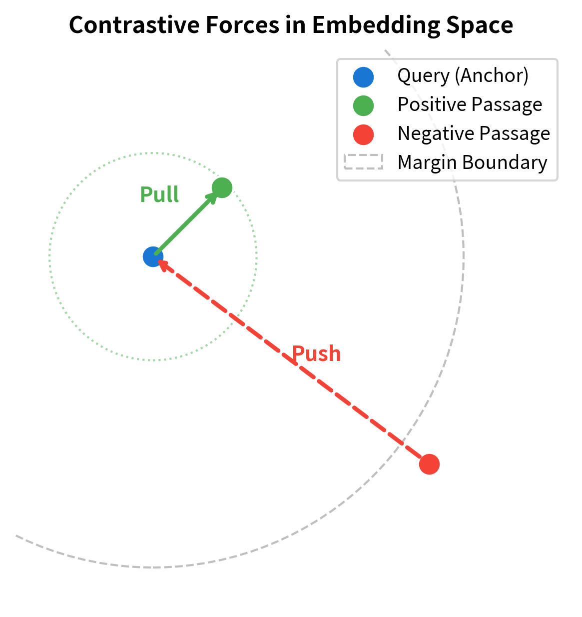 Conceptual visualization of the contrastive objective in 2D embedding space. The anchor (Query) is pulled toward the Positive passage and pushed away from the Negative passage. The margin $m$ (used in Triplet Loss) defines a minimum safety distance: the positive must be closer to the anchor than the negative by at least this amount.