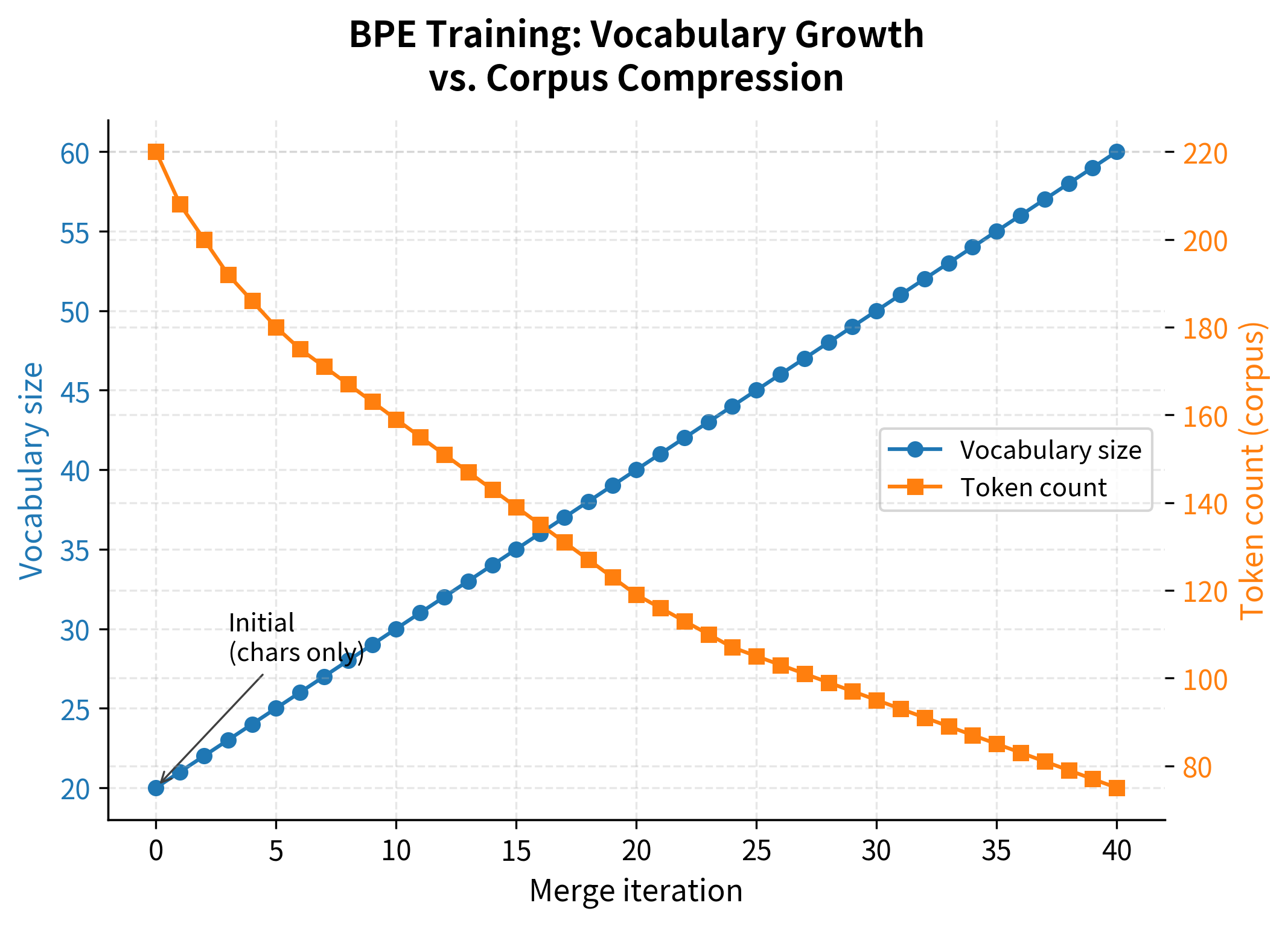 BPE training dynamics showing vocabulary growth and corpus compression. As merges accumulate (x-axis), vocabulary size increases (blue) while the total token count decreases (orange). The diminishing returns in compression reflect that early merges capture high-frequency patterns.