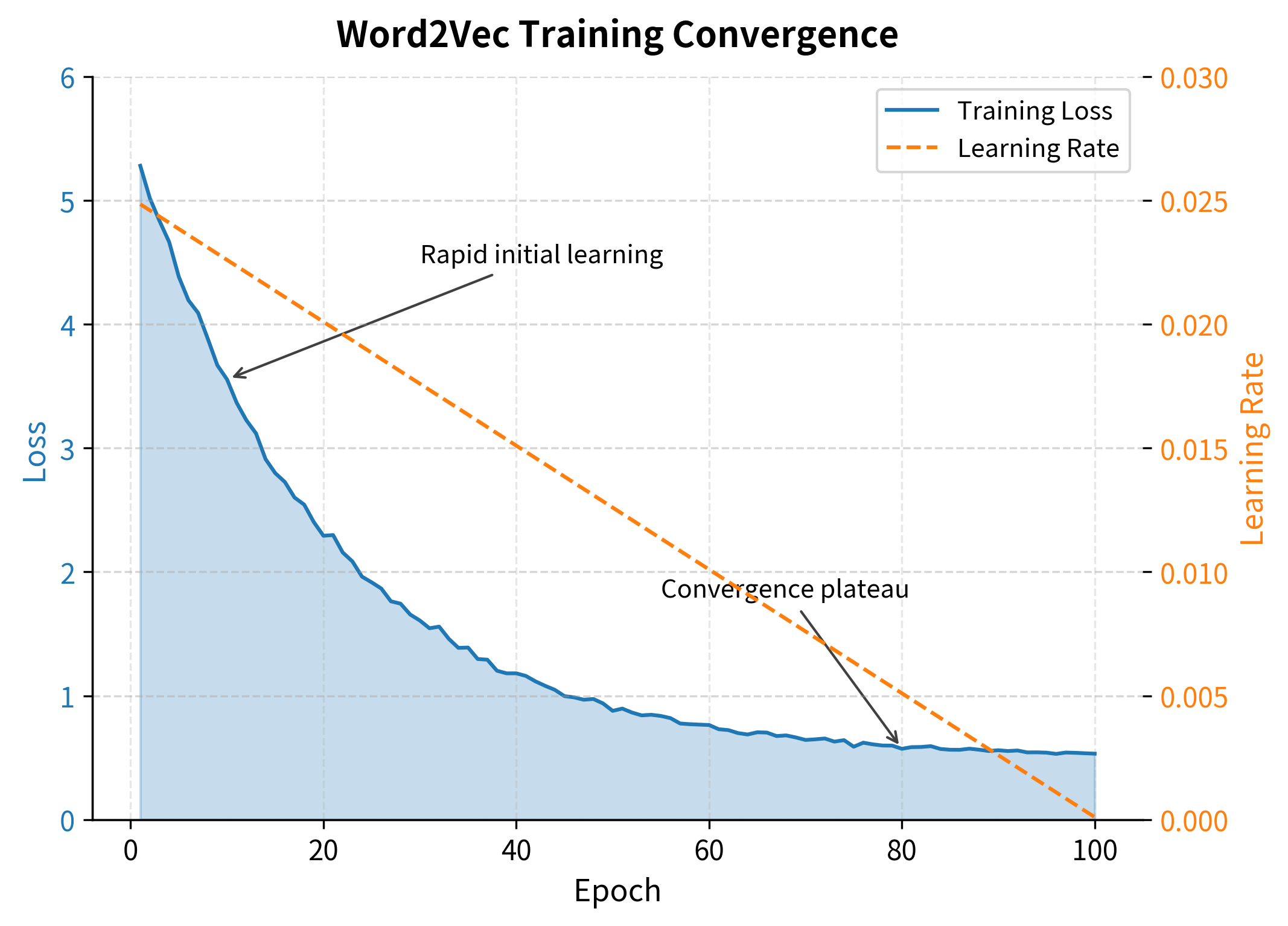 Dual-axis plot showing training loss decreasing over epochs on left axis and learning rate on right axis.