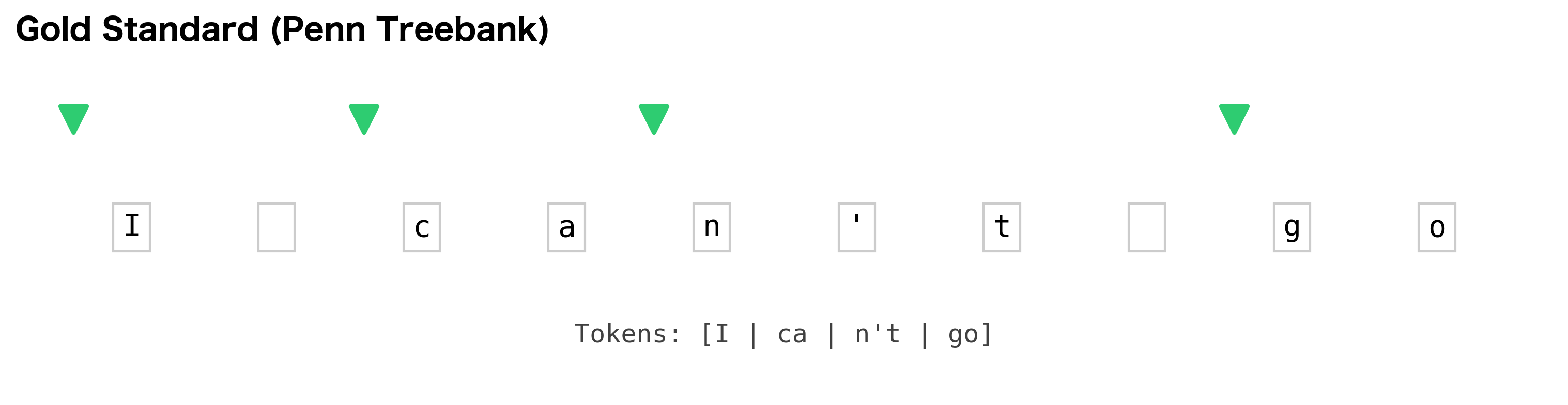 Character-level visualization showing gold standard token boundaries for 'I can't go'.