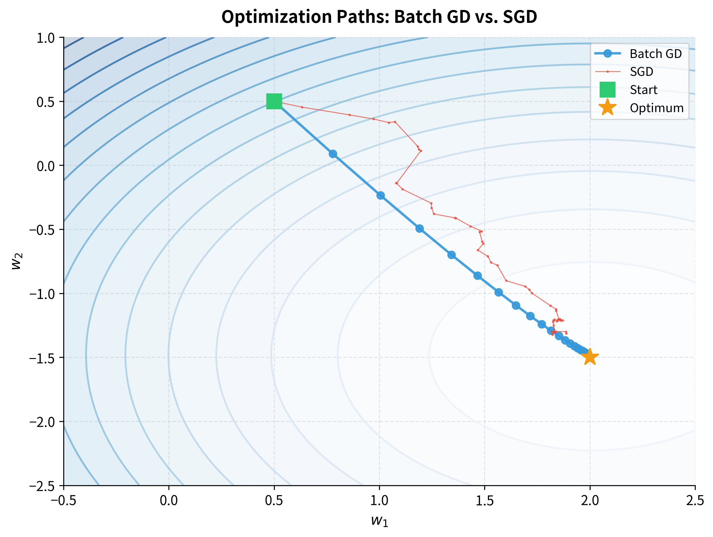 Contour plot of loss surface with two optimization trajectories: a smooth blue path for batch GD and a jagged red path for SGD, both converging toward the minimum.