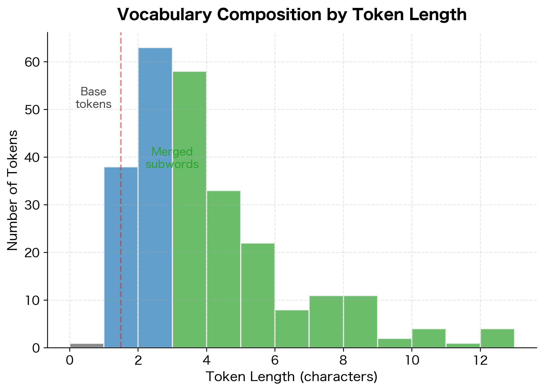 Histogram showing distribution of token lengths in vocabulary, with peak at 1-2 characters and tail extending to longer tokens.