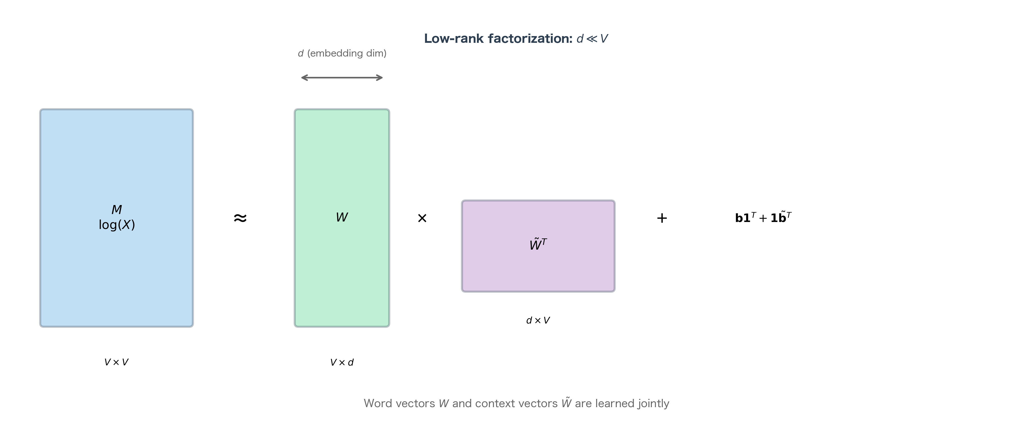 Diagram showing matrix factorization M equals W times W-tilde transpose plus biases.