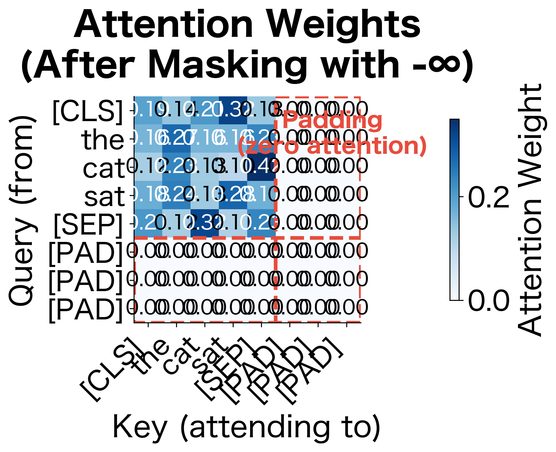 Attention weights after masking with -∞. Padding positions receive exactly zero attention weight. Red dashed boxes highlight the masked regions that no longer participate in computation.