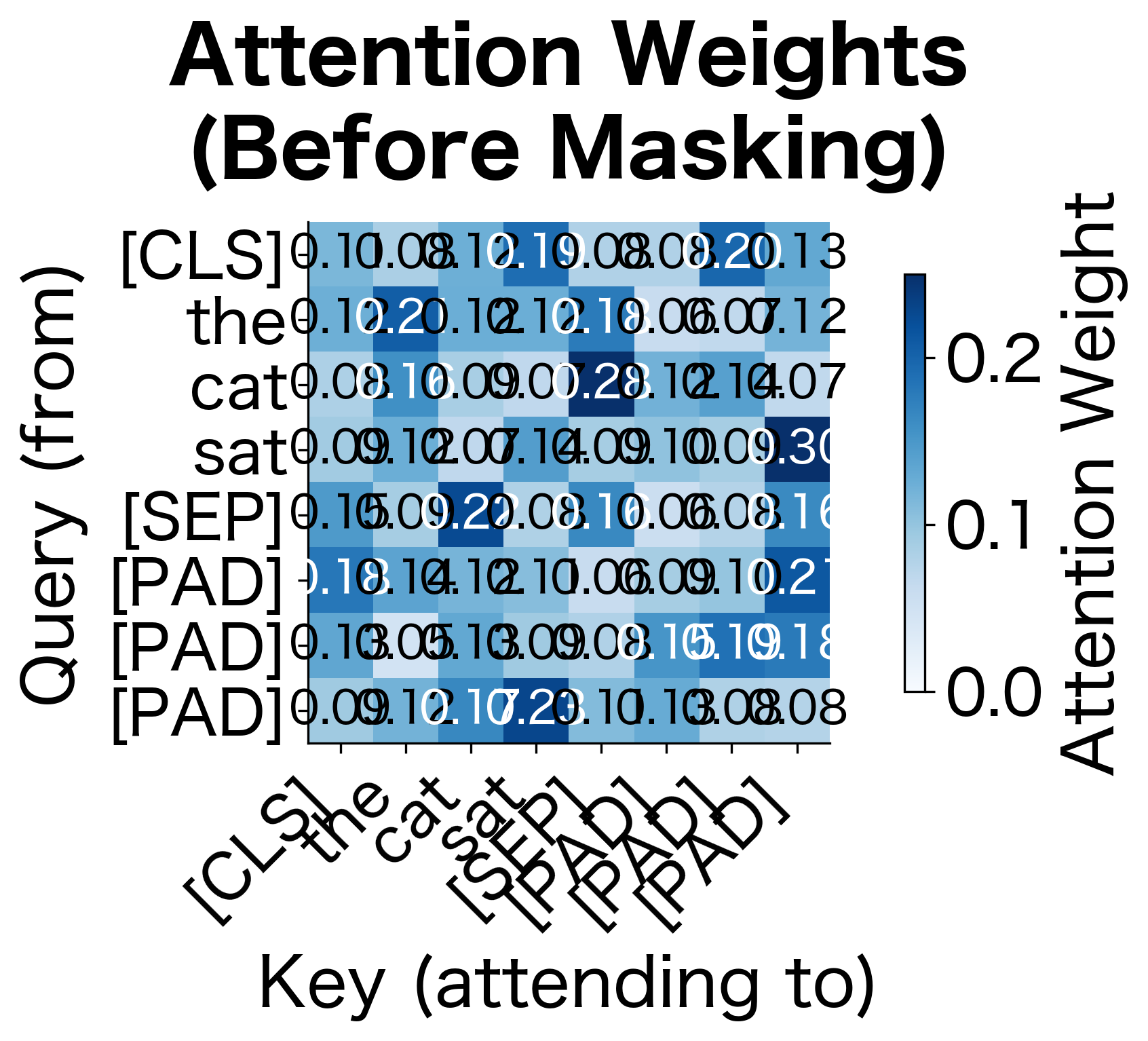 Attention weights before masking. Attention is distributed across all positions including padding tokens, which would corrupt representations if left uncorrected.