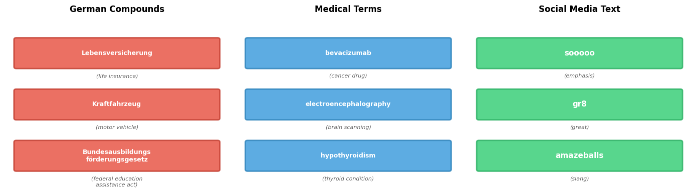 Three panels showing examples of OOV words in German compounds, medical terms, and social media text.