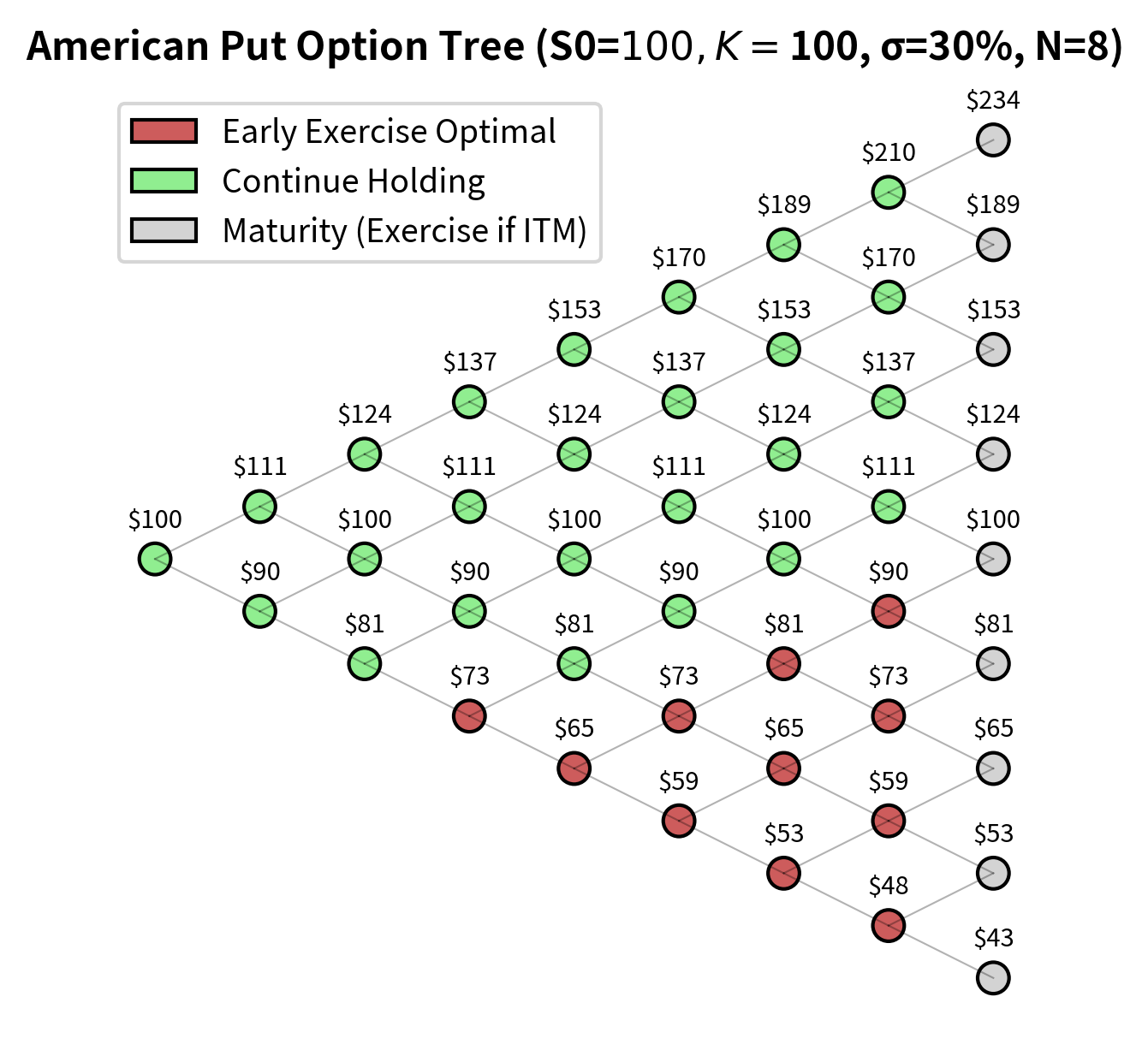 Tree diagram with nodes colored to show early exercise versus continuation regions.